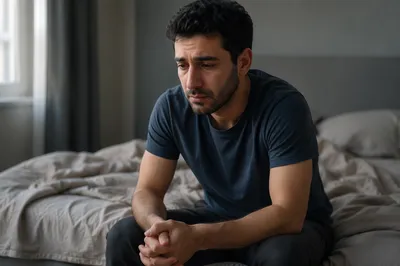 Emotional Man Sitting on Bedside