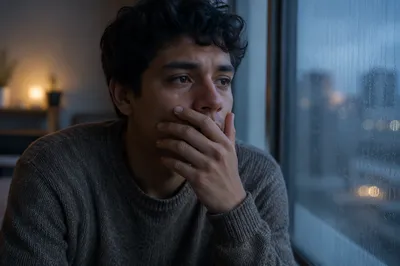 Emotional Young Man by Rainy Window