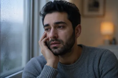 Tearful Young Man by Rainy Window