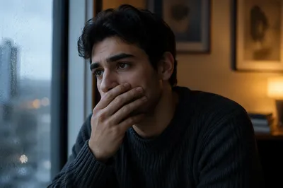 Emotional Young Man by Rainy Window