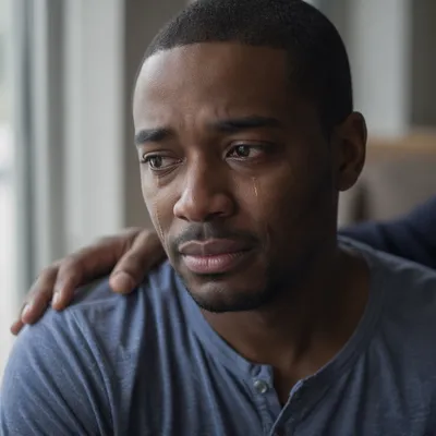 Tearful Man Receiving Comfort Near Window