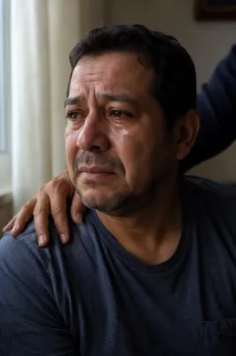 Grieving Man Comforted by Gentle Hand