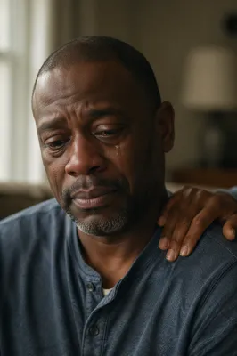 Tearful Man Receiving Comfort by Window