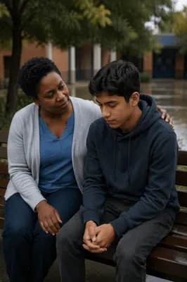 Mentor Comforting Teen on School Bench