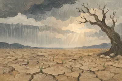 Gentle Mercy Rain Over Cracked Soil