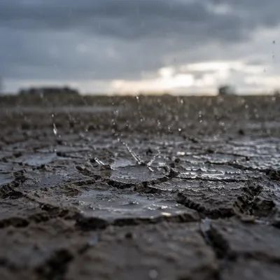 Gentle Rain on Cracked Field Soil
