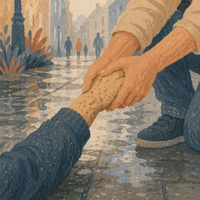Merciful Hands Lifting From Wet Pavement
