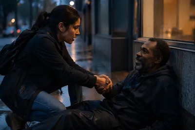 Woman Helping Fallen Man on Sidewalk