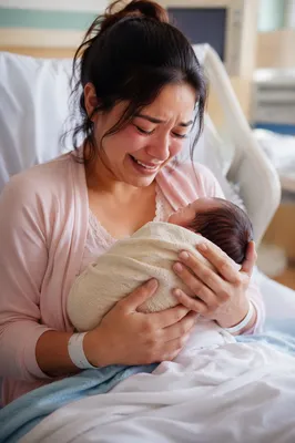 New Mother Holding Newborn in Hospital