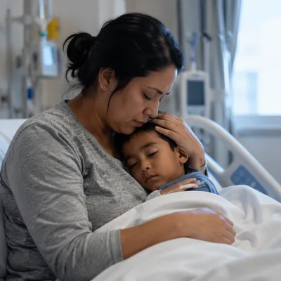 Mother Holding Sick Child in Hospital