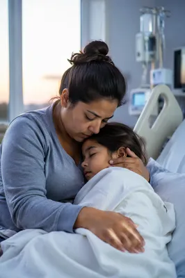 Mother Holding Sick Child in Hospital