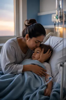 Mother Comforting Sick Child in Hospital