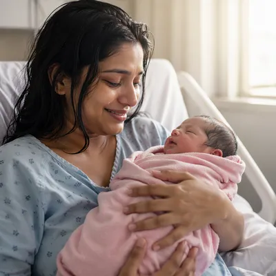 Joyful New Mother Holding Newborn