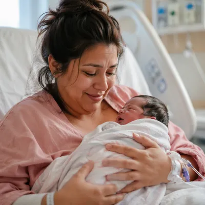 New Mother Holding Newborn in Hospital
