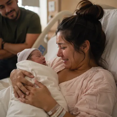 Joyful Mother Holding Newborn in Hospital