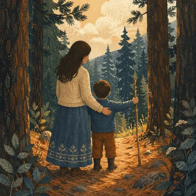 Mother and Son Embrace on Forest Path