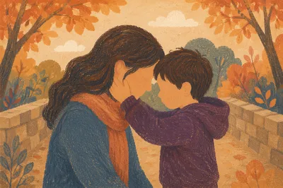 Mother and Son Autumn Park Embrace