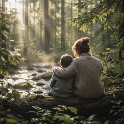 Mother and Son Bonding by Forest Stream