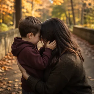 Mother and Son Autumn Park Embrace