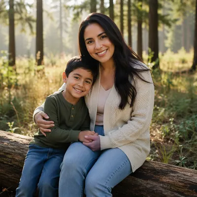 Mother and Son in Forest Clearing