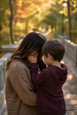 Mother and Son Autumn Park Embrace