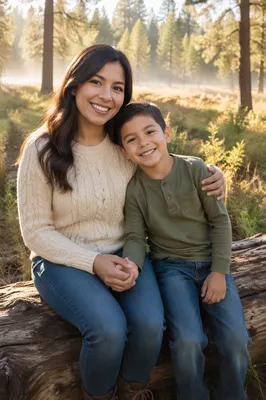 Mother and Son in Forest Clearing