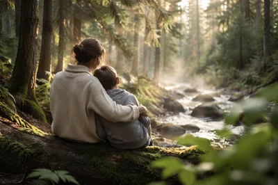 Mother and Son Forest Morning Bond