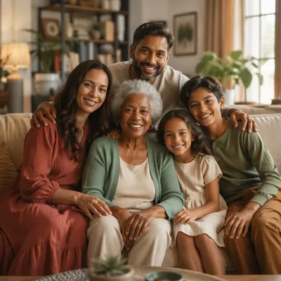 Warm Multigenerational Family Portrait in Living Room