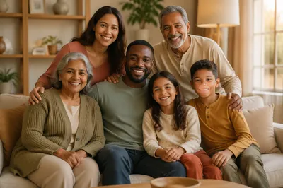 Multigenerational Family Portrait in Sunlit Living Room