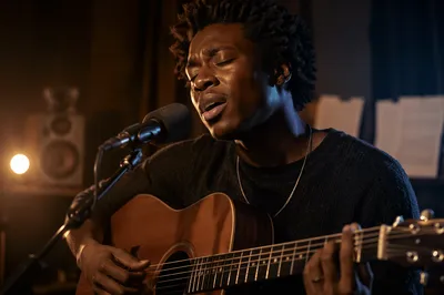 Passionate Musician Singing in Dim Studio