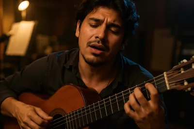 Passionate Musician Singing with Acoustic Guitar