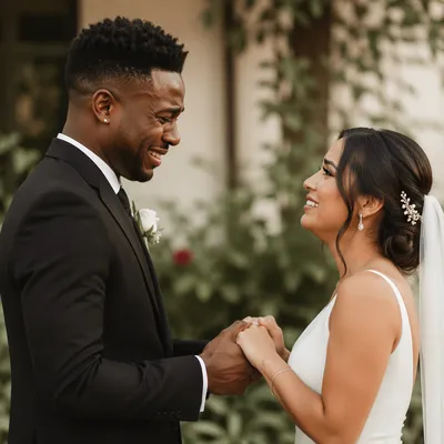 Emotional Newlyweds First Look in Garden