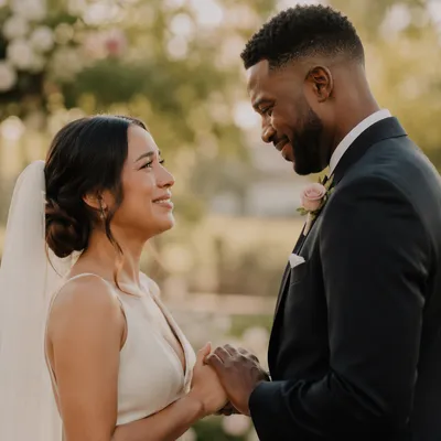 Emotional Newlyweds First Look in Garden