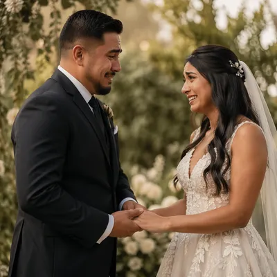 Emotional Newlyweds First Look in Garden