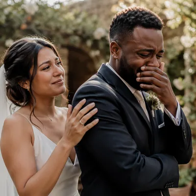 Emotional Newlyweds First Look in Garden
