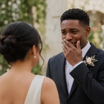 Emotional Newlyweds First Look in Garden
