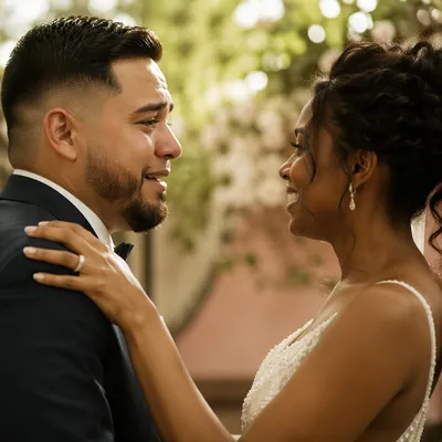 Emotional Newlyweds First Look in Garden