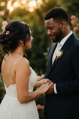 Emotional Newlyweds First Look in Garden