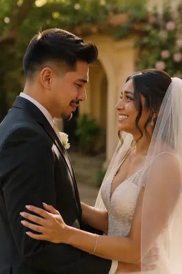 Emotional Newlyweds First Look in Garden