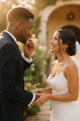 Emotional Newlyweds First Look in Garden