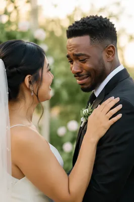 Emotional Newlyweds First Look in Garden