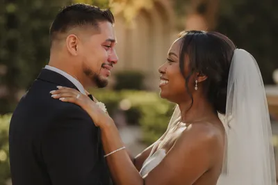 Emotional Newlyweds First Look in Garden