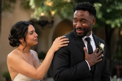 Emotional Newlyweds First Look in Garden