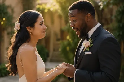 Emotional Newlyweds First Look in Garden