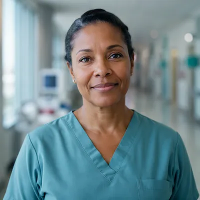 Compassionate Nurse Headshot in Hospital Corridor