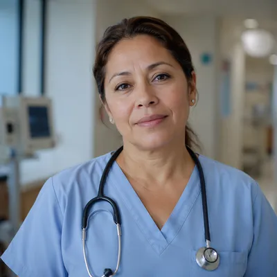 Compassionate Nurse Headshot in Hospital Corridor
