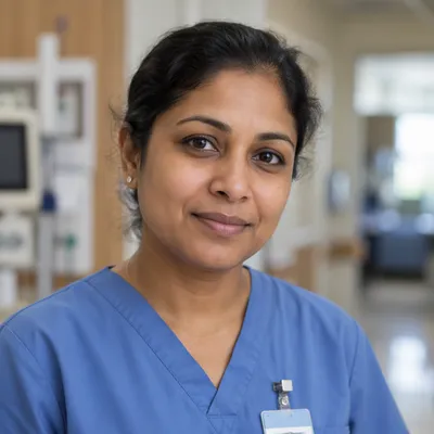 Compassionate Nurse in Hospital Corridor Headshot