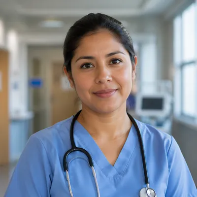 Compassionate Nurse Headshot in Hospital Corridor