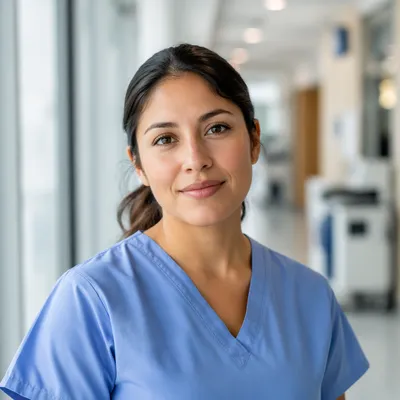 Compassionate Nurse Headshot in Clinic Corridor