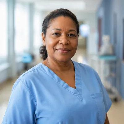 Compassionate Nurse in Hospital Corridor Portrait